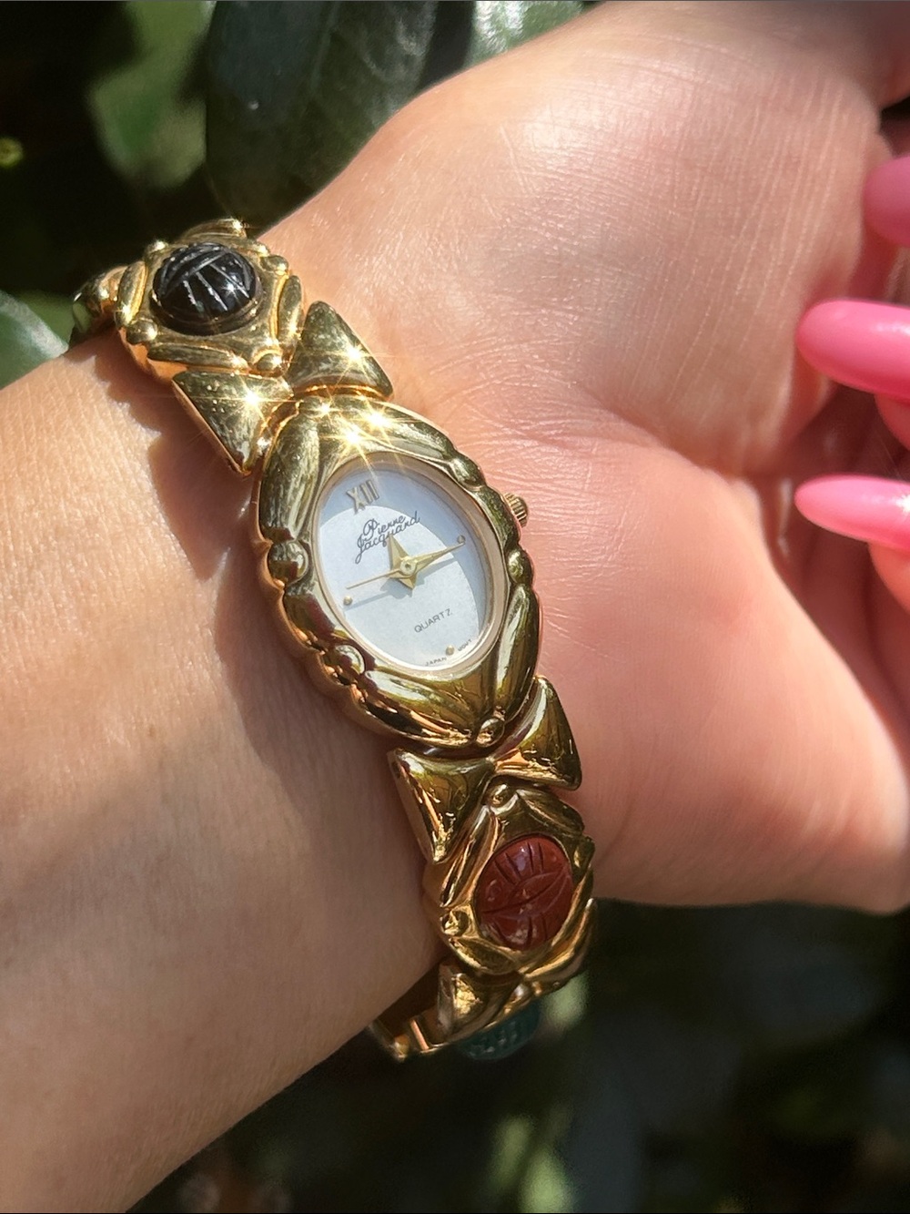 Pierre Jacquard Gold-Tone Scarab Semi Precious Stones White Dial Quartz 7” Watch